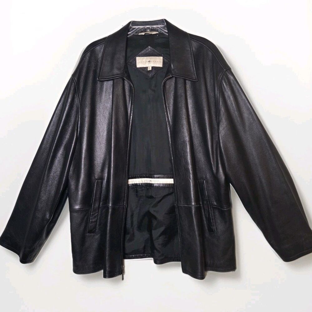 Joseph Abboud Leather Field Jacket Mens XL Black Full Zip Collar Pocket Car Coat